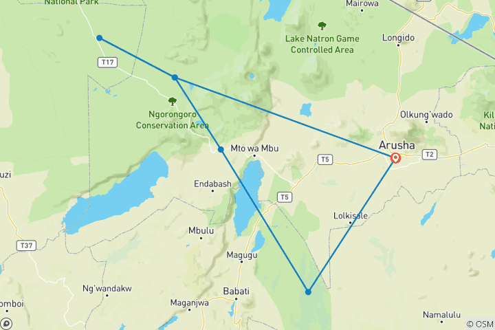 Map of 4 Days Tanzania Group Safari: Tarangire, Serengeti & Ngorongoro Crater