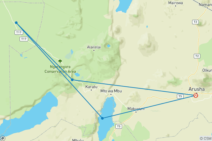 Map of 4 Days Lake Manyara, Serengeti And Ngorongoro Crater