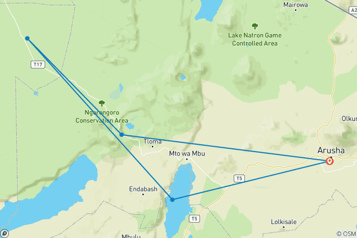 Mapa de Safari en grupo de 4 días por Tanzania: Lago Manyara, Serengeti y Cráter del Ngorongoro