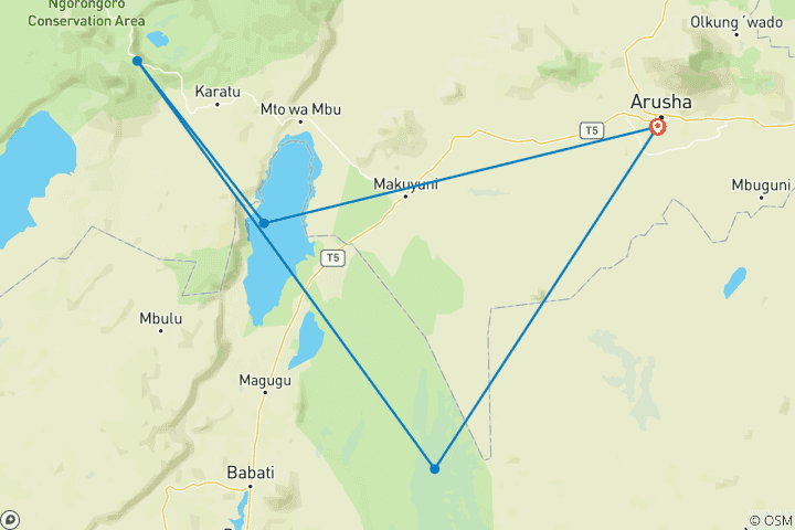 Map of 3 Days 2 Nights Tarangire, Lake Manyara & Ngorongoro