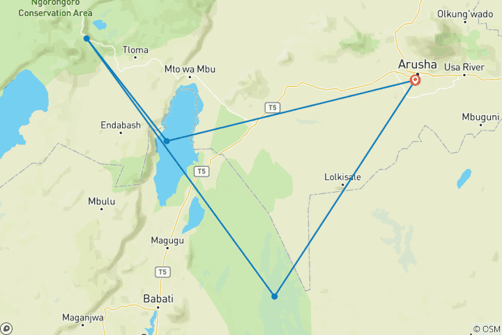 Map of Safari en groupe de 3 jours en Tanzanie : Tarangire, lac Manyara et cratère du Ngorongoro