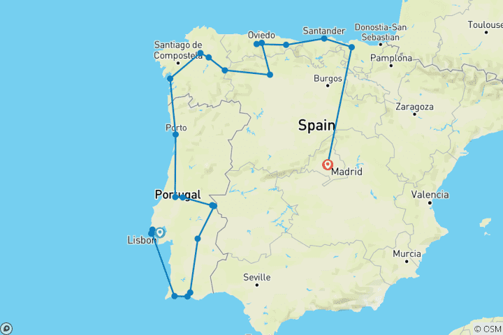 Karte von Portugal und Nordspanien (24 Destinationen)