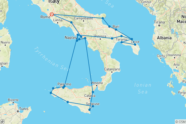 Karte von Das schöne Apulien, Süditalien und Sizilien (27 Destinationen)