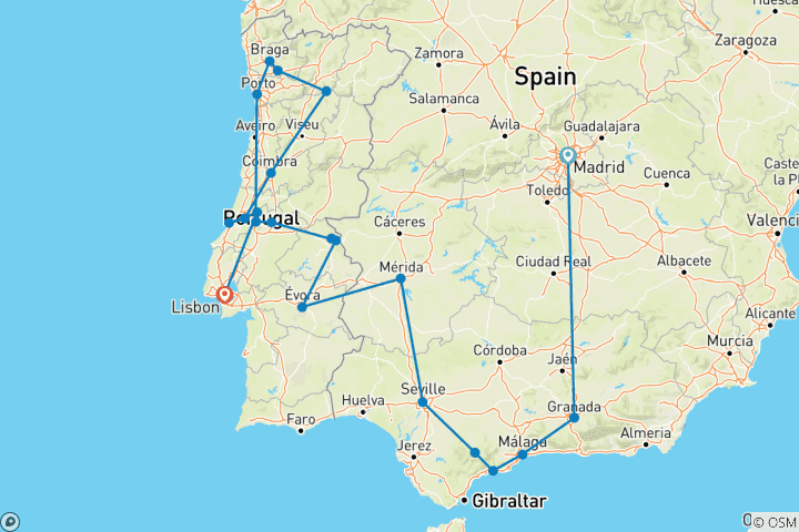 Carte du circuit Andalousie et Portugal complets (21 destinations)