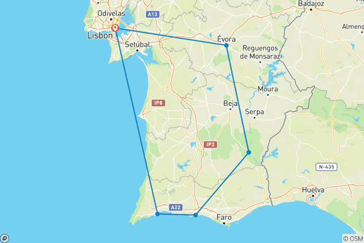 Carte du circuit Sud du Portugal avec Lisbonne (6 destinations)