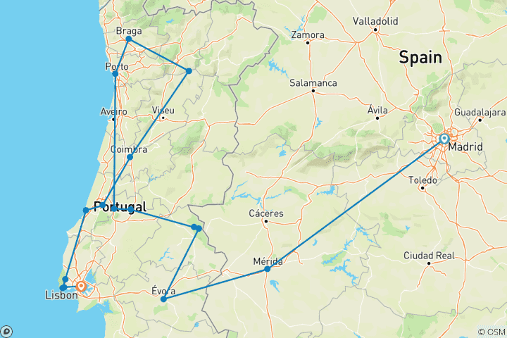 Karte von Nord- & Südportugal bis Lissabon (17 Destinationen)