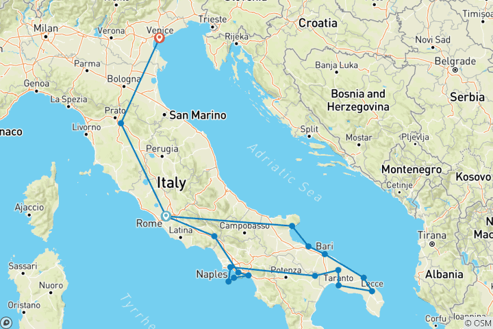 Carte du circuit Rome, Pouilles et Campanie avec l'Italie du Nord - Fin à Venise (18 destinations)