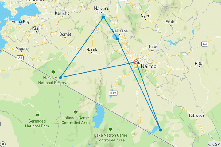 Carte du circuit Kenya en 7 jours - Masai Mara, Nakuru, Naivasha et Amboseli - Safari en groupe