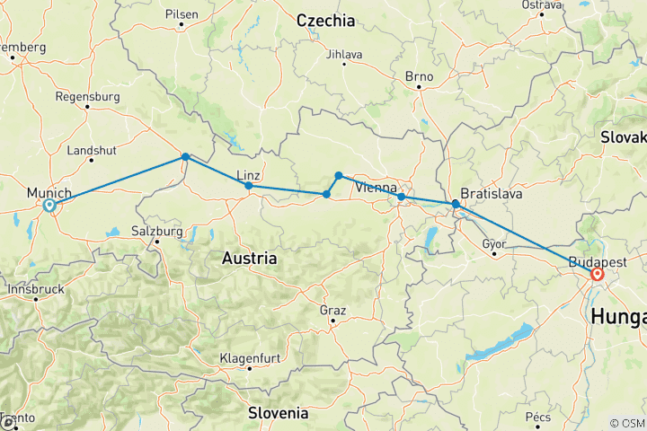 Map of Highlights of the Danube Munich → Budapest (2025)