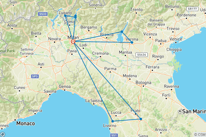 Mapa de 6 días en Milán, incluyendo visitas a Verona, lago de Garda, Florencia, Pisa, lago de Como, Bellagio y Lugano.