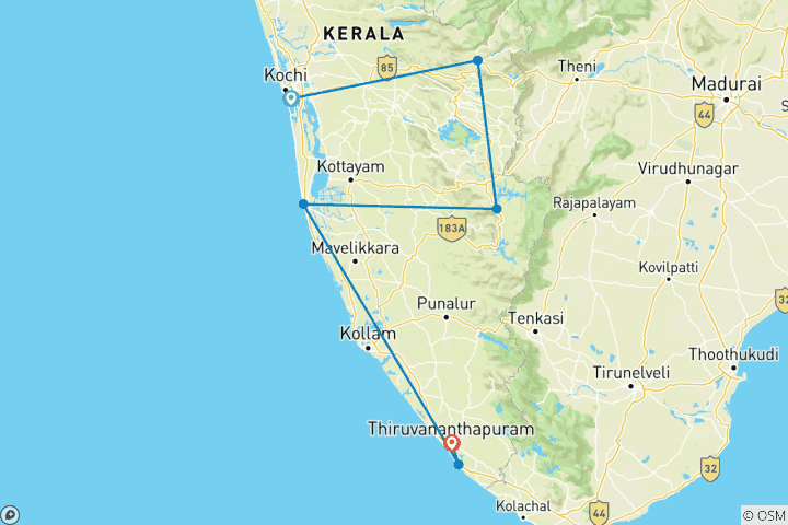 Carte du circuit Inde - Route des épices et des aromates - Cochin, Munnar, Periyar, Alleppey, Kovalam, Trivandrum - 8 jours