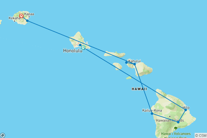 Map of Grand Hawaiian Adventure  Four Islands featuring O'ahu, Big Island, Maui and Kauai (Honolulu, HI to Kauai, HI) (2025)