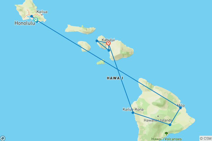 Map of Hawaiian Adventure  Three Islands featuring O'ahu, Big Island and Maui (Honolulu, HI to Maui, HI) (2025)