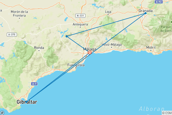 Map of 6 Day Malaga including visit to Gibraltar, Granada, Alhambra and Caminito del Rey