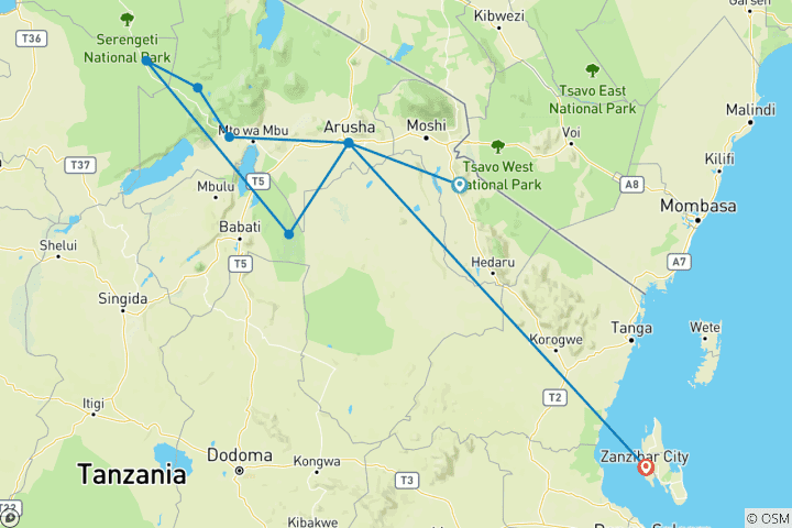 Map of 10-Day Mid Luxury Beach Holiday & Safari in Tanzania