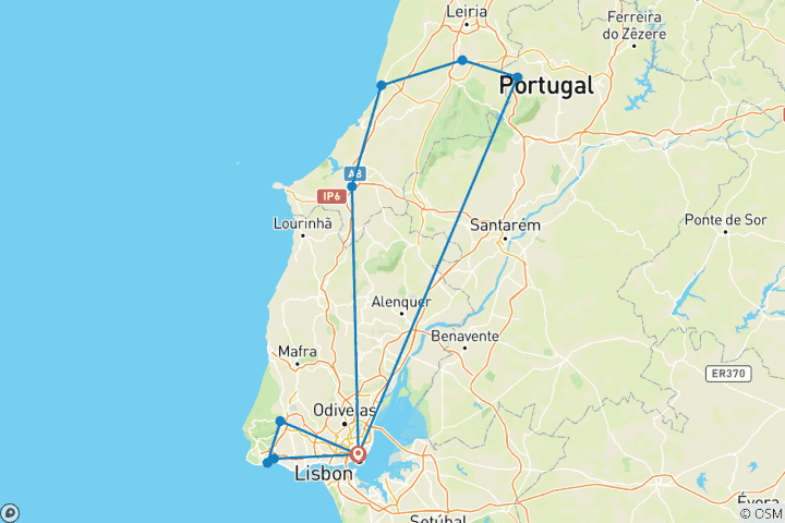 Carte du circuit 5 jours à Lisbonne avec visite de Fatima, Nazare, Sintra, Cabo da Roca, Cascais et Estoril.