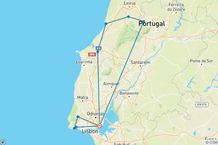 Carte du circuit 5 jours à Lisbonne avec visite de Fatima, Nazare, Sintra, Cabo da Roca, Cascais et Estoril.