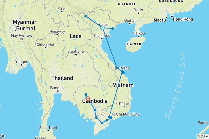 Carte du circuit Vietnam et Cambodge - 23 jours d'aventures exceptionnelles