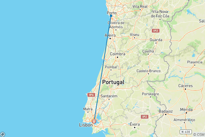 Carte du circuit Lisbonne et Porto avec excursion en bateau dans la vallée du Douro et dégustation de vins - 8 jours