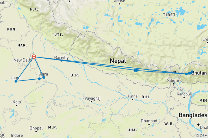 Kaart van Beleef India, Nepal&Bhutan  – 3 landen in 16 dagen