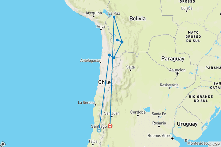 Carte du circuit Aventure : Désert de San Pedro de Atacama, salines d'Uyuni et vignobles de Mendoza