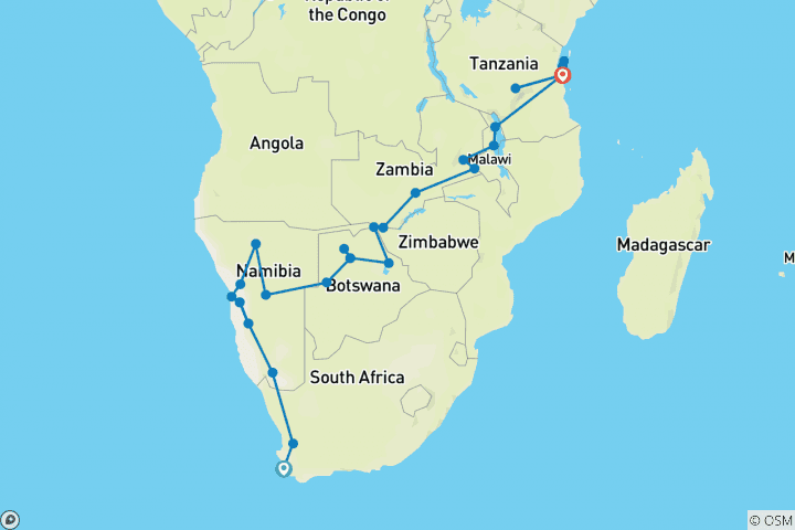 Carte du circuit 35 jours du Cap à Zanzibar - Camping