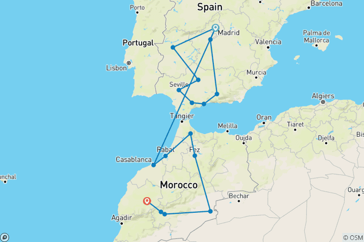 Mapa de 【España y Marruecos】Paquete turístico de 16 Días por Madrid, Andalucía y Casablanca para grupos pequeños