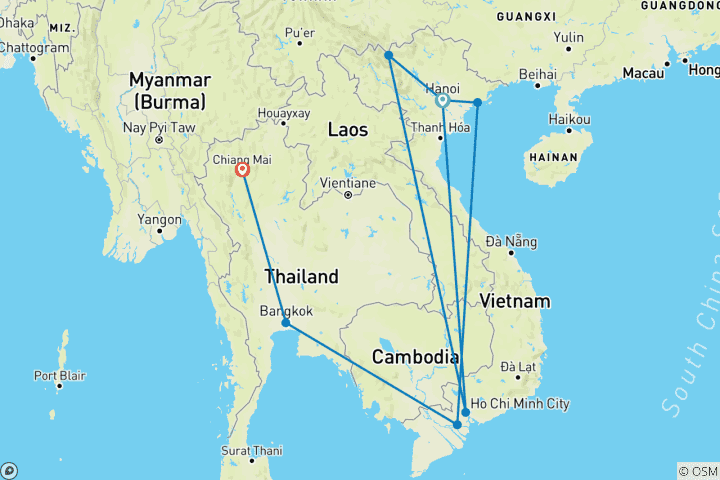 Kaart van 15 dagen Vietnam&Thailandagenbuiten de gebaande paden (privégids & chauffeur）