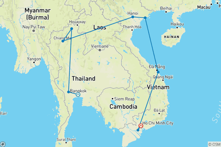 Kaart van 19 dagen Into the Heart of Thailandagen& Vietnam Rondreis door (privégids & chauffeur）