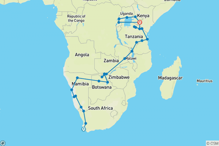 Map of 56-day Cape Town to Gorillas (Camping)