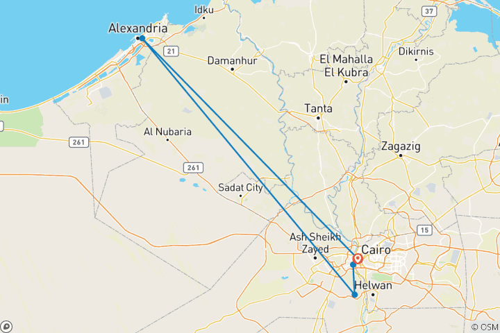 Mapa de Pirámides de El Cairo y Alejandría en 2 días con traslados al aeropuerto y almuerzo