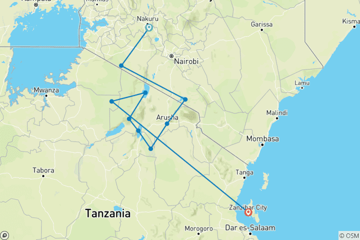 Carte du circuit 14 jours au Kenya, en Tanzanie et à Zanzibar