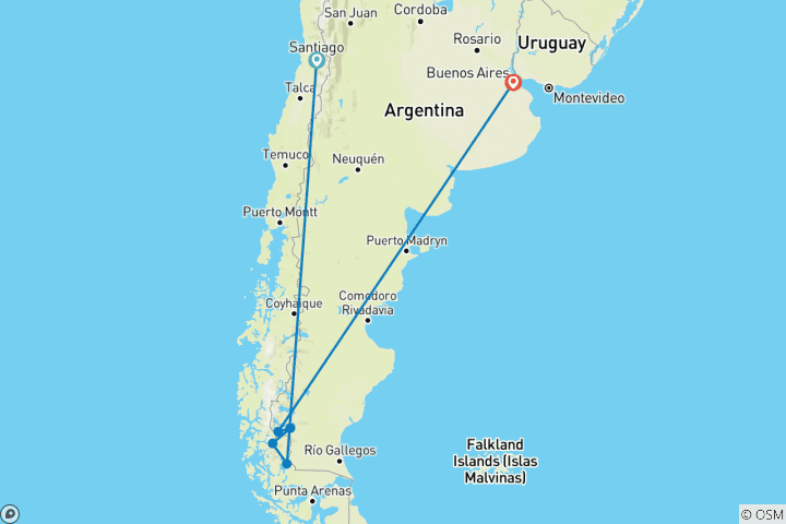 Map of Ultimate Patagonian Adventure: 11-Day Journey from Santiago to Chilean and Argentine Patagonia.