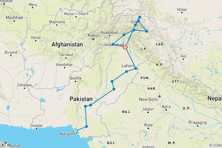 Kaart van Diepgaande verkennende reis door Pakistan