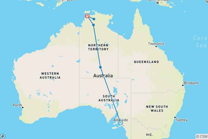 Map of The Ghan Train with Adelaide and Darwin