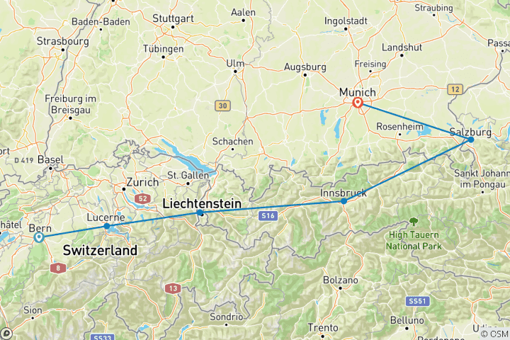 Carte du circuit Découvrez la Suisse, l'Autriche et la Bavière avec l'Oktoberfest (de Berne à Munich)