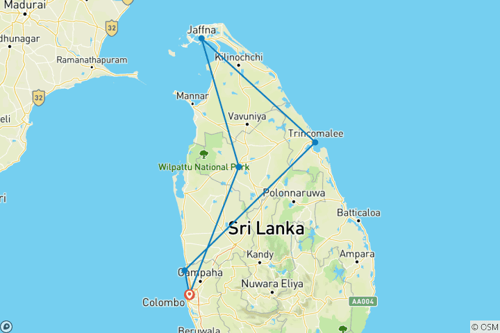 Carte du circuit Aventure dans le nord-est du Sri Lanka avec pause plage à Trincomalee