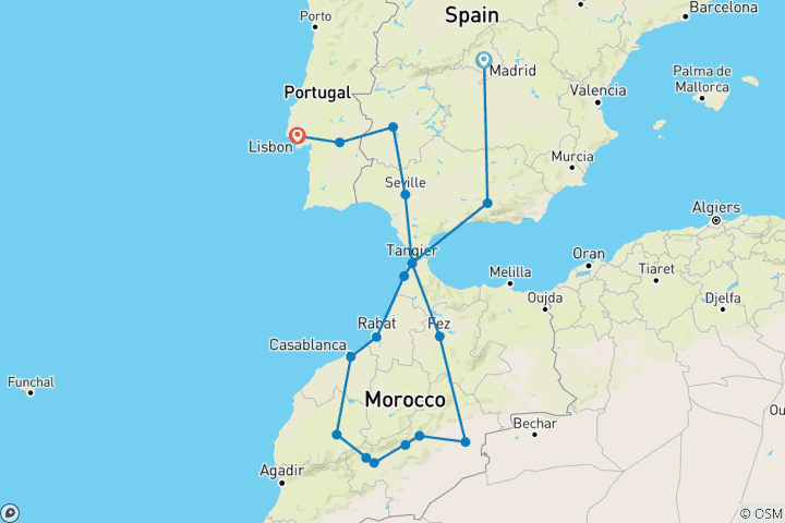 Map of Madrid, Andalusia, Morocco and Lisbon (without Alhambra) (18 destinations)