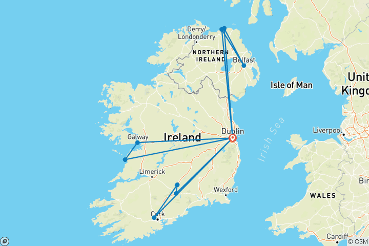 Carte du circuit 5 jours à Dublin avec la Chaussée des Géants, les Falaises de Moher, la ville de Galway et les châteaux de Cahir