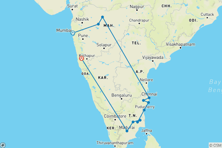 Kaart van India Culturele Rondreis door met Kustontsnapping