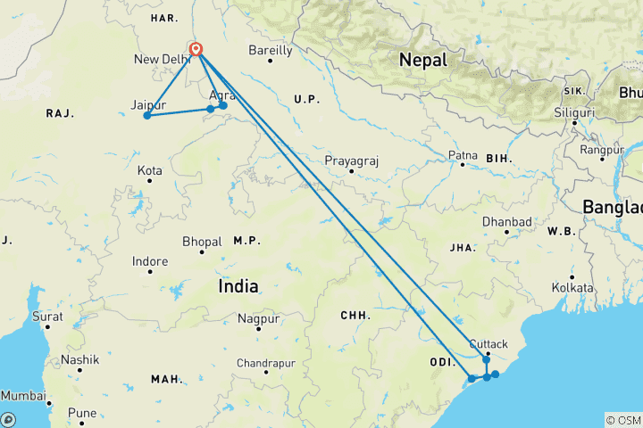 Kaart van Gouden Driehoek Rondreis door met Puri&Bhubaneswar