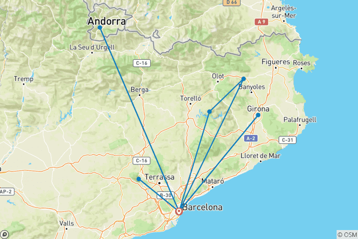 Map of 6 Day Barcelona including Montserrat, Besalu, Rupit, Girona & Andorra