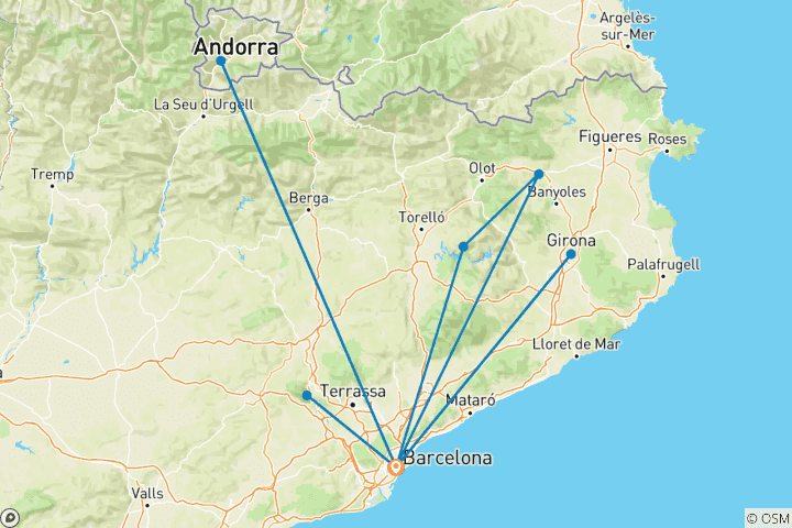 Map of 6 Day Barcelona including Montserrat, Besalu, Rupit, Girona & Andorra