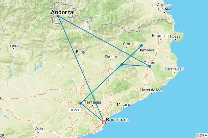 Map of 6 Day Barcelona including Montserrat, Besalu, Rupit, Girona & Andorra