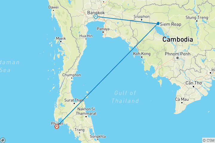 Carte du circuit Séjour de 9 jours à la plage en Thaïlande et au Cambodge (guide et chauffeur privés）