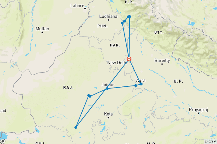 Kaart van Gouden Driehoek Rondreis door met Rajasthan&Shimla