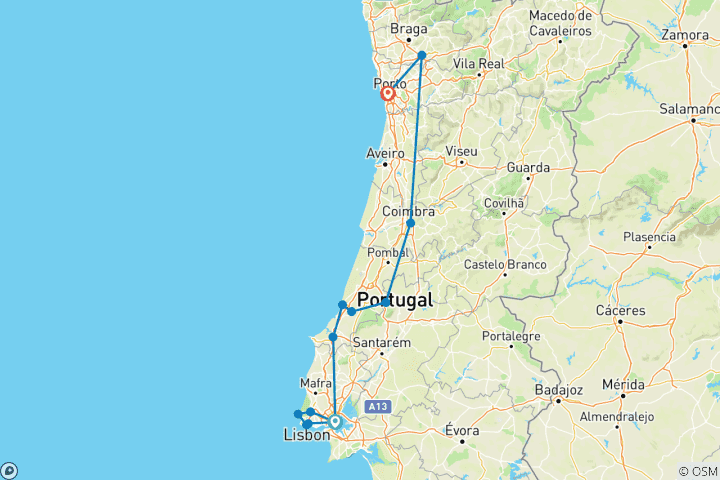 Map of Unmissable Portugal - End in Porto