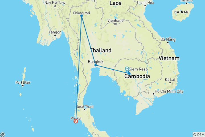 Mapa de 12 Días Angkor Wat y Tailandia (guía y conductor privados）