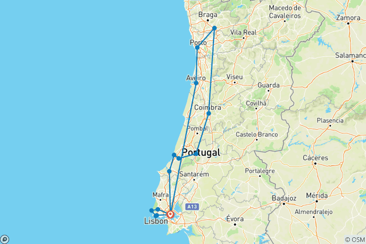 Map of Unmissable Portugal - End in Lisbon