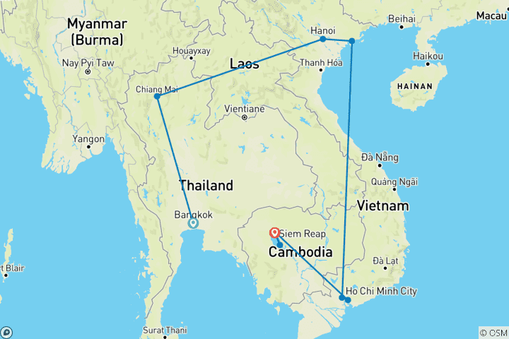 Kaart van 15 dagen Thailand, Cambodja&Vietnam Odyssee Rondreis door (privégids & chauffeur）